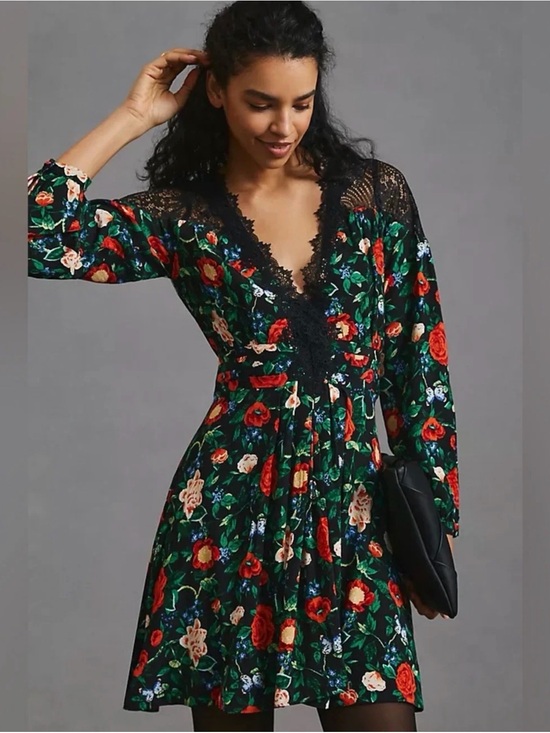 Anthropologie Dresses & Skirts - Anthropologie Black Floral Lace-Trim Long Sleeve Dress
